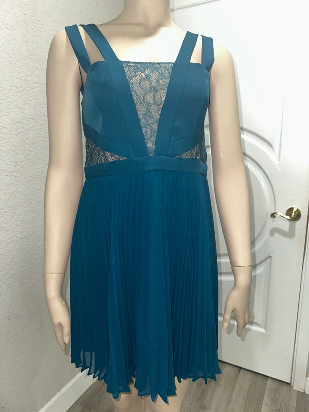 BCBGMaxAzria Teal Lace-Panel Pleated Mini Dress